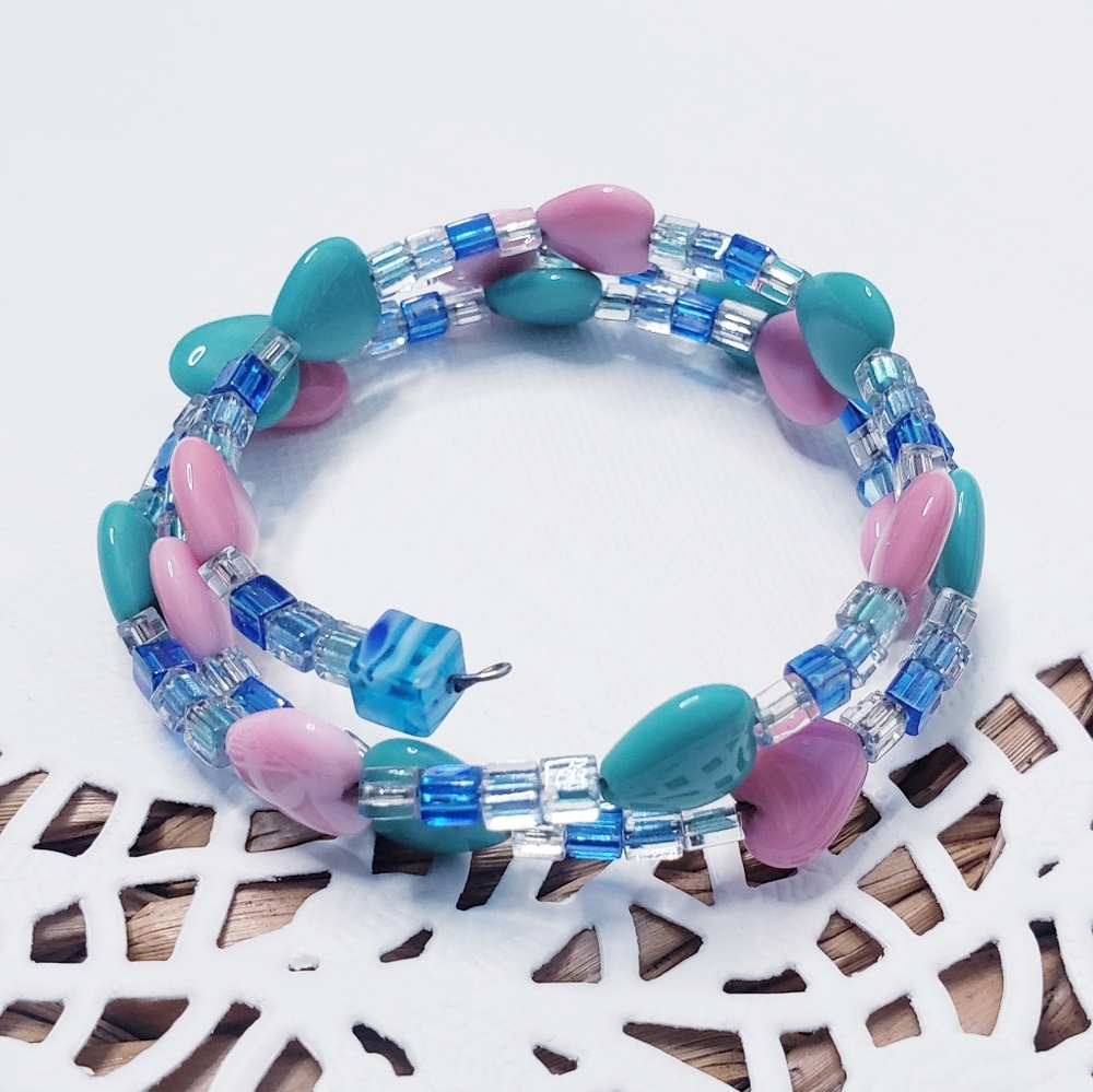 Elegant Multicolor Glass Heart Beaded Wrap Bracelet 0094